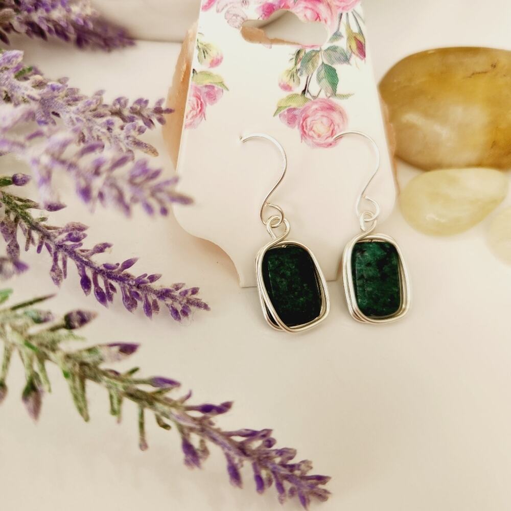 Natural African Turquoise Stone Earrings, Silver Plated Wire Wrapped Earrings - Picture 3 of 9